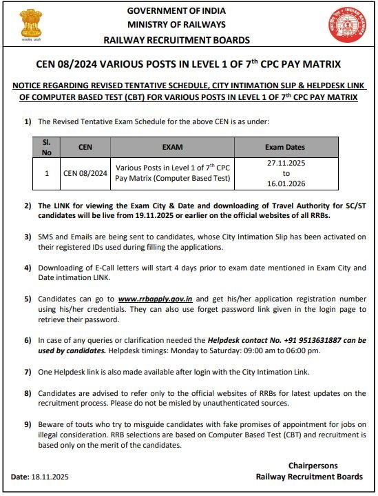 RRB Group D Exam City Intimation Slip 2025