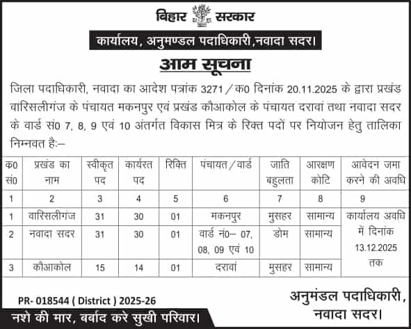 Bihar Vikas Mitra Vacancy 2025 - बिहार में विकास मित्र की नई भर्ती, 10वीं पास जल्दी करें आवेदन 3 Bihar Vikas Mitra Vacancy 2025