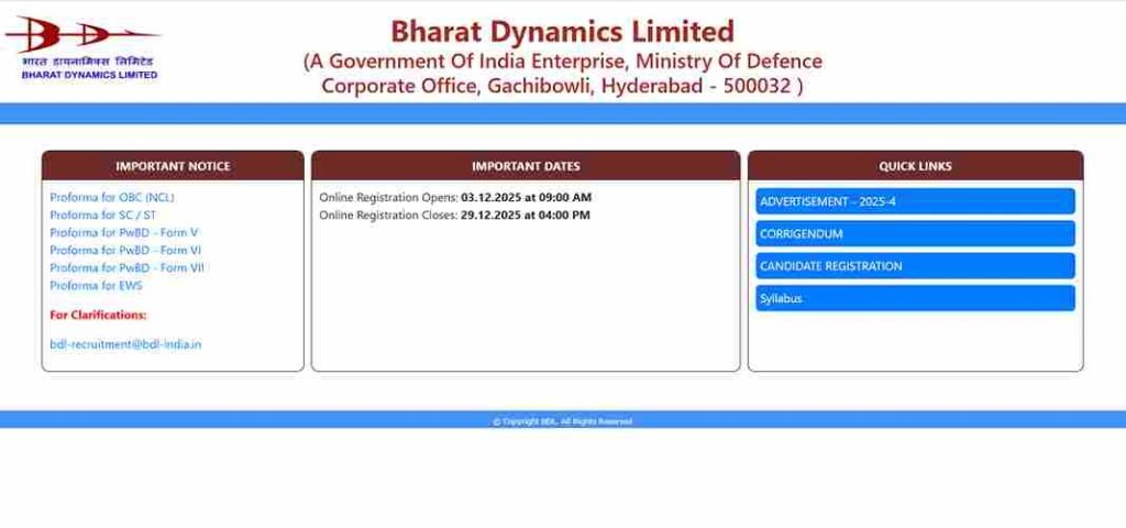 BDL Management Trainee Recruitment 2025 : ऑनलाइन आवेदन शुरू – 80 पदों पर भर्ती, योग्यता, चयन प्रक्रिया, तिथि और पूरी जानकारी 3 BDL Management Trainee Recruitment 2025
