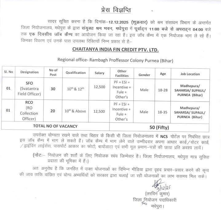 Bihar District Job Camp 2025 : 10वीं/12वीं पास के लिए नई भर्ती – आवेदन शुरू, जल्दी करें 3 photo 2025 12 10 11 29 02 min